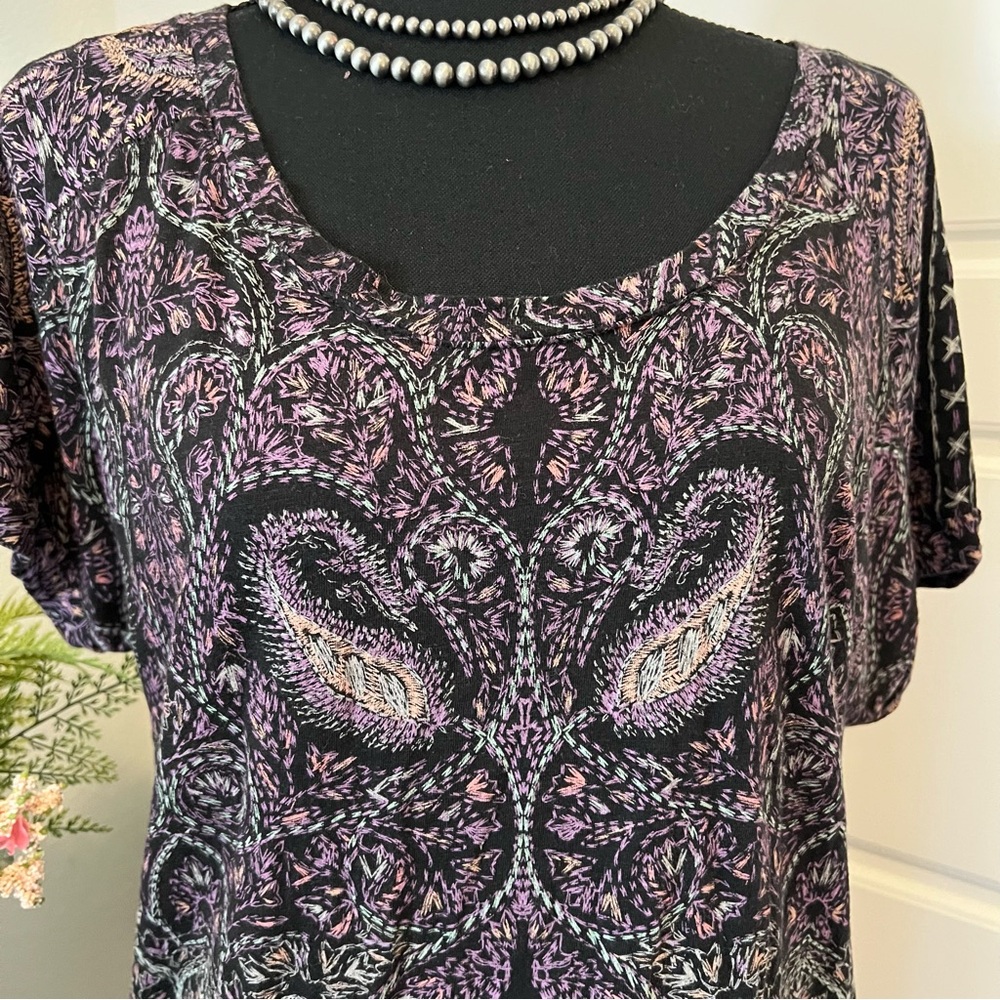 Lucky Brand Colorful Faux Embroidery Paisley Boho Short Sleeve T-Shirt Blouse L - Picture 3 of 10